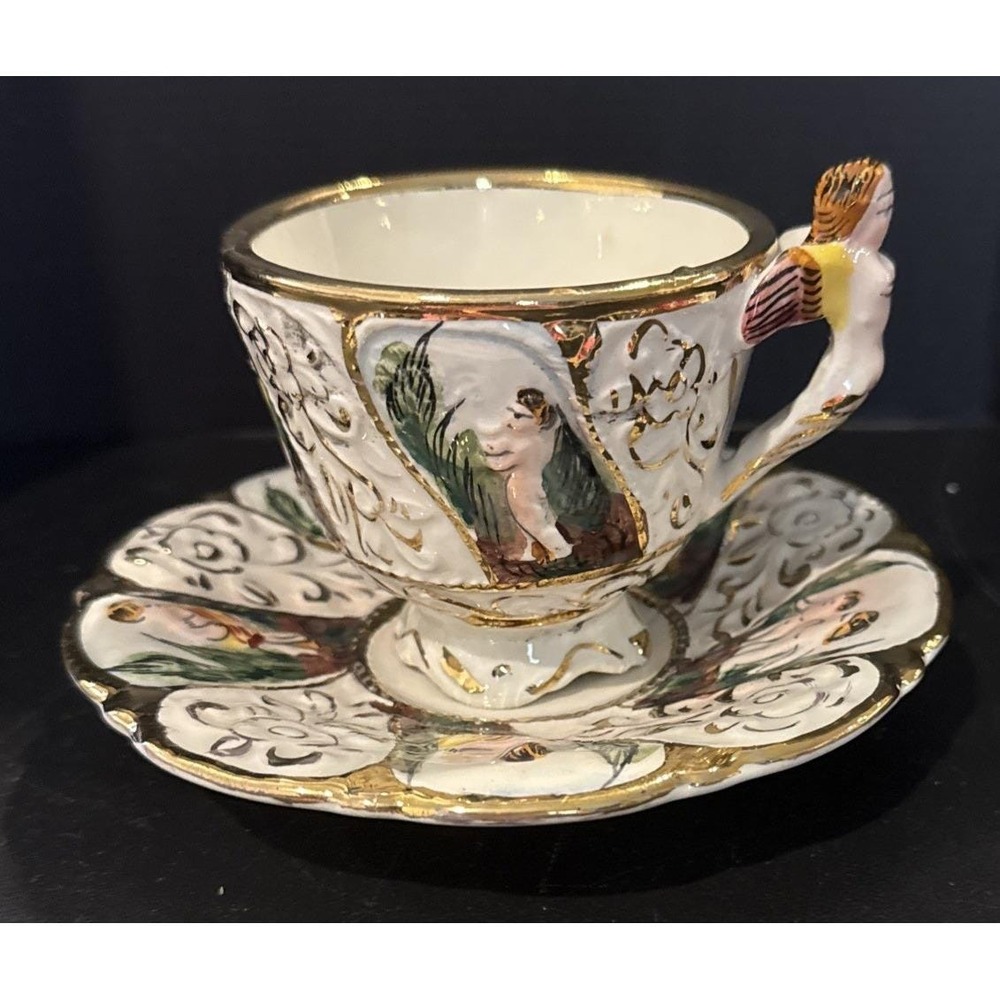 Italy Capodimonte‎ Porcelain Hand painted Cherubs Adam Eve Tea Cup Saucer